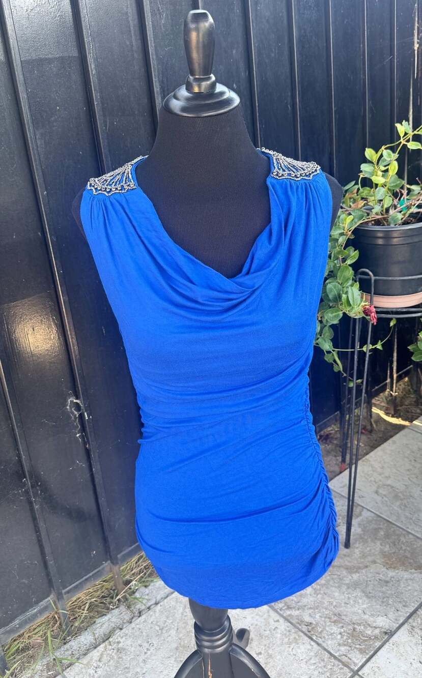 bebe Royal Blue Sleeveless Beaded Shoulder Cowl Neck Ruched Top